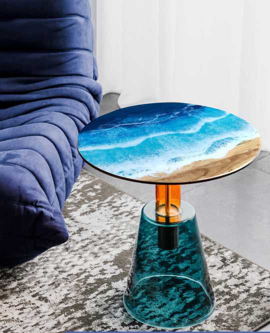 Ocean Coffee Table, Round Live Edge End Side Table, Round Epoxy Table, Round Wood Table With Resin, Round Epoxy Table, Round Epoxy Table Top elm